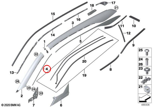 Adesivo de acabamento para pilar A direito OEM 51437472932 para BMW i3 (I01). BMW genuíno.