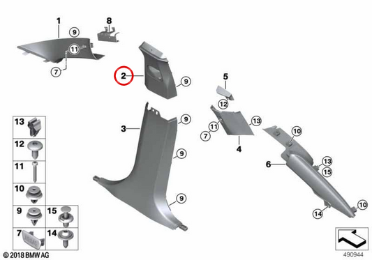 Moldura Pilar B Superior Derecha OEM 51437481858 para BMW G02, G08. Original BMW.