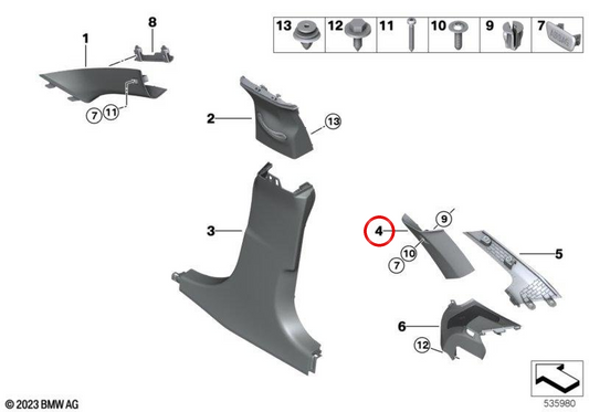 Tapa embellecedora pilar C derecho OEM 51438096438 para BMW G26. Original BMW.