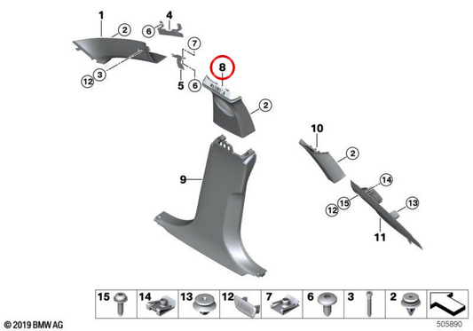Embellecedor pilar B derecho OEM 51438096754 para BMW F44. Original BMW.