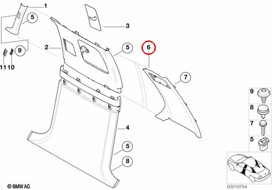 Rechte hintere Säule OEM 51438190336 für BMW E38. Original BMW.