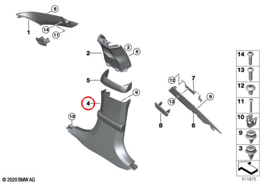 Cubierta inferior del pilar B izquierdo OEM 51438746553 para BMW F93. Original BMW.