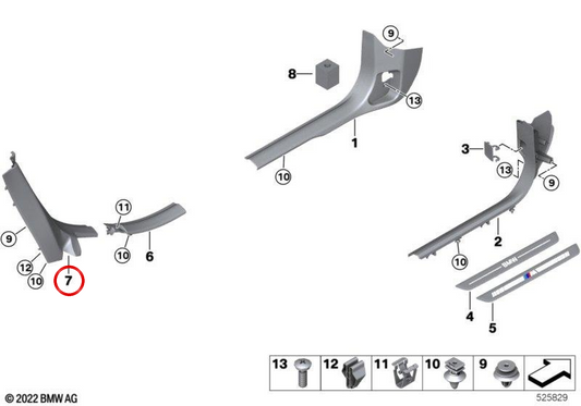 Moldura pilar C inferior izquierda OEM 51439462355 para BMW U11, U12. Original BMW.