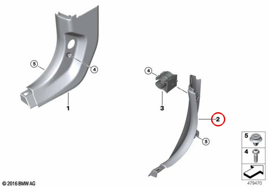 Rechte vordere Seitenplatte 51439472824 für BMW G42, G87, G22, G23, G82, G83. Original BMW.