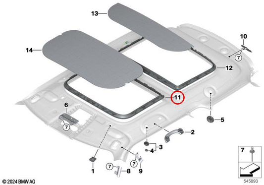 Vorderer Rahmen für Panorama-Glasdach, schwarz, OEM 51445A6CE42 für MINI F65 Cooper C, Cooper S und F66 Cooper C, Cooper S. Original MINI.