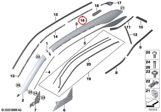 Moldura do pilar C esquerdo OEM 51447305131 para BMW i3 (I01). BMW genuíno.