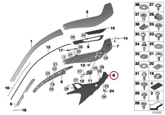 Pilar C Embellient Izquierdo OEM 51447336437 per BMW I8 (I12). BMW originale.