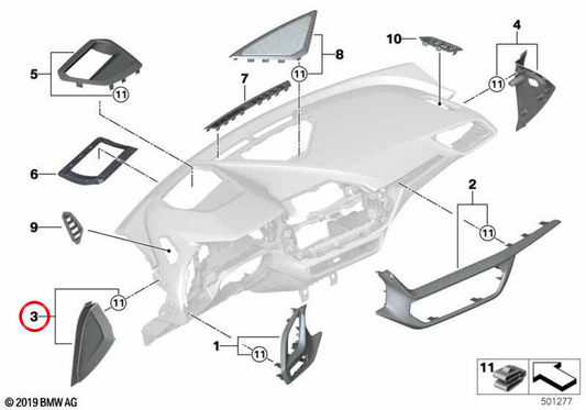 Embellissement gauche du tableau de bord OEM 51456823259 pour BMW F40. BMW d'origine.