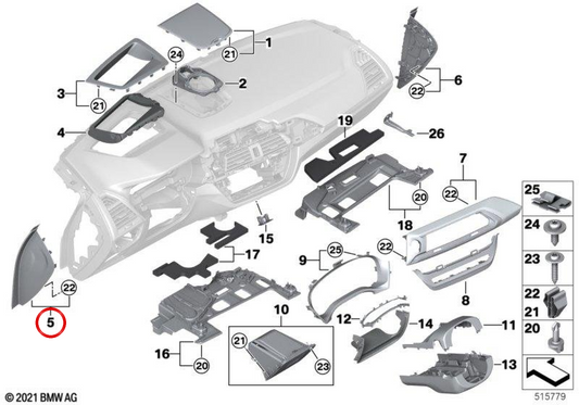 Abbellimento sinistro del cruscotto OEM 51456841865 per BMW G01, G08, F97, G02, F98. BMW originale.