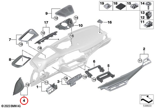 Placa de acabamento direita "Airbag Off" OEM 51456994832 para BMW G22, G23, G26, G82, G83. BMW genuíno.