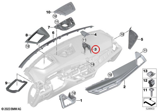 Soporte de panel protector para volante a la derecha OEM 51457911006 para BMW X5 G05 LCI, X5 M F95 LCI, X6 G06 LCI, X6 M F96 LCI, X7 G07 LCI. Original BMW