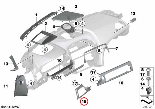 Moldura izquierda del salpicadero en carbono OEM 51458055853 para BMW Serie 6 F06 Gran Coupé, F12 Cabrio LCI y F13 Coupé LCI con volante a la izquierda. Original BMW