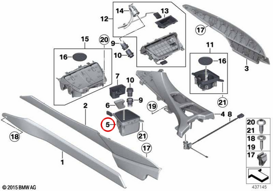 Apoio de braço de couro do console central OEM 51458056594 para BMW F06, F12, F13. BMW genuíno.