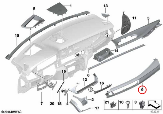 Schwarzes Dashboard -Schimmelpian -Piano begleitet Side OEM 51458060786 für BMW F15, F85, F16, F86. Original BMW.