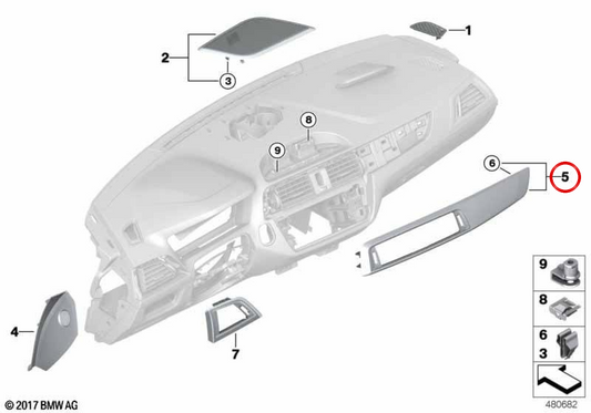 Moldagem de painel Alu Hexagon OEM 51458073763 para BMW F20, F21, F22, F23. BMW genuíno.