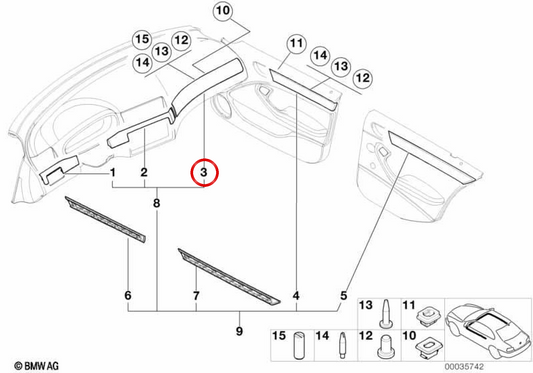 Dashboard destro di modanatura decorativa OEM 51458234734 per BMW E46. BMW originale.