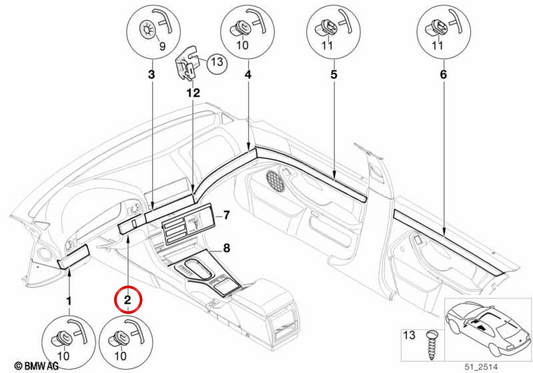 Moldura central do painel direito OEM 51458256222 para BMW E39. BMW genuíno.