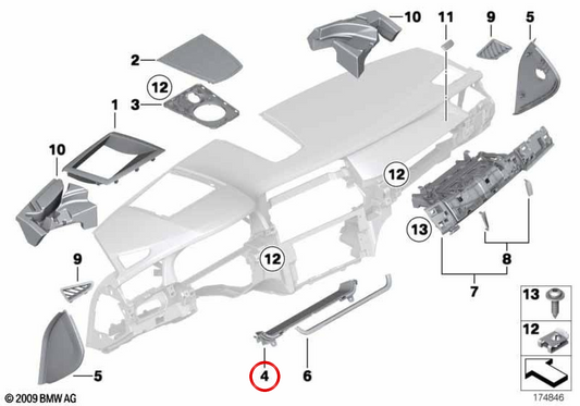 Tampa do painel OEM 51459144163 para BMW F01, F02, F04. BMW genuíno.