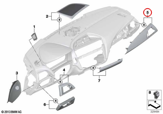 Moldura salpicadero negro brillo lado pasajero OEM 51459205370 para BMW F20, F21, F22. Original BMW.