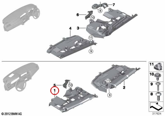 Revestimiento inferior del salpicadero lado conductor OEM 51459209476 para BMW F10, F11, F18, F06, F12, F13. Original BMW.