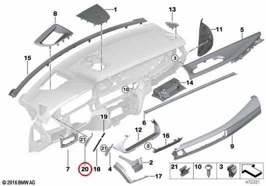 Guía de luz derecha OEM 51459280788 para BMW F15, F85, F16, F86. Original BMW.