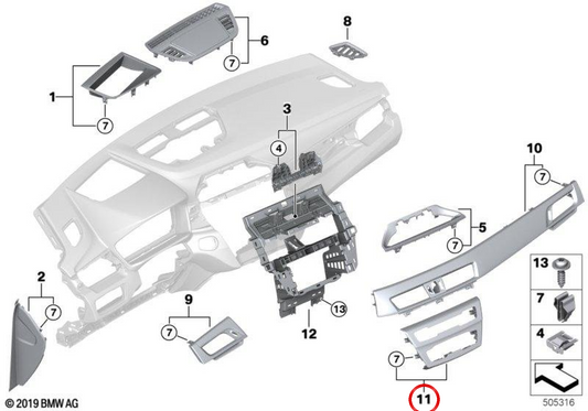 Embells centraux du tableau de bord OEM 51459305907 pour BMW F48, F39, X1 (SDRIVE16D, XDrive25i, XDrive20d, 18i, 20i). BMW d'origine.