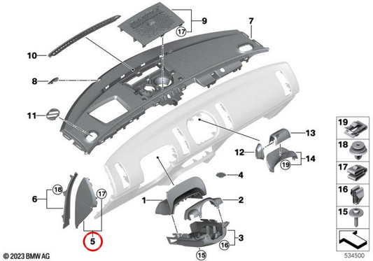 Schutzverkleidung für die linke äußere Instrumententafel OEM 51459633995 für MINI Countryman U25. Originaler MINI.
