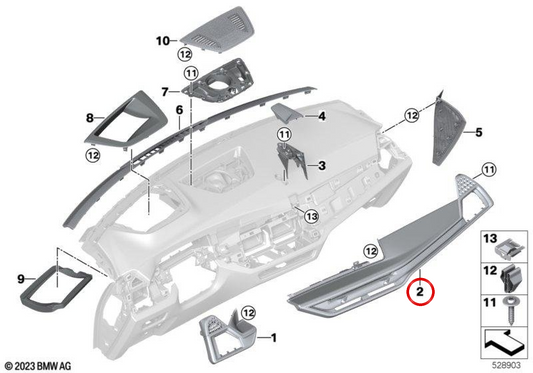 Moldura del panel de instrumentos Fineline Stripe para BMW X6 G06 LCI con dirección a la izquierda OEM 51459634799. Original BMW