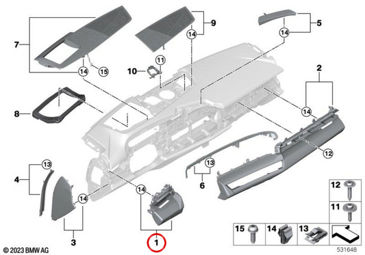Pannello di protezione del quadro strumenti in rovere scuro OEM 51459634895 per BMW Serie 5 G60, G68, G90, G61, G99. BMW originale.