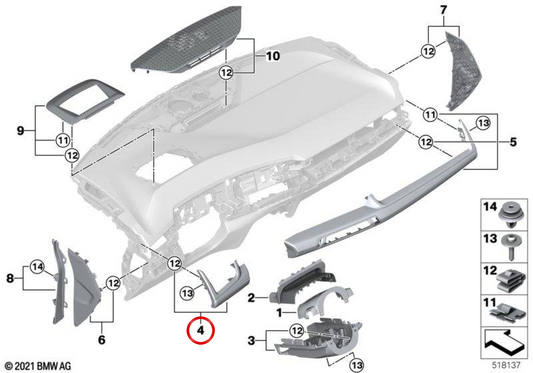 Effetto in alluminio del dock di muffa OEM 51459636249 per BMW U06, U11, U10. BMW originale.