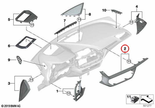 Beleuchtete Form des Armaturenbretts für BMW F40, F44. Original BMW.