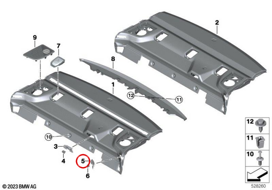 Guarnição de saída da correia esquerda OEM 51465A36F95 para BMW Série 5 G30, G60, G90. BMW genuíno.