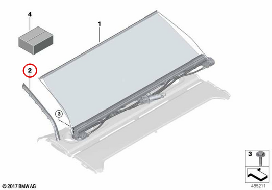 Guía lateral derecha OEM 51467425530 para BMW G11, G11N, G12, G12N. Pieza original BMW. Color blanco marfil. Ideal para sustitución en el sistema de cortinilla interior trasera.