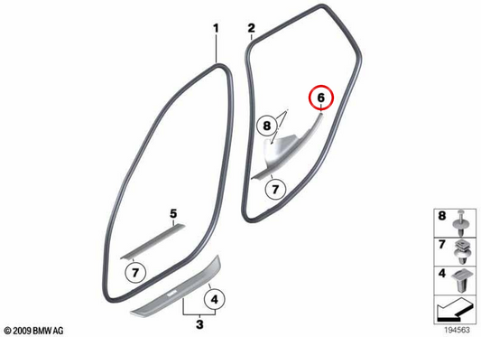 Embels incoraggia l'ingresso posteriore destro OEM 51472990510 per BMW E84. BMW originale.