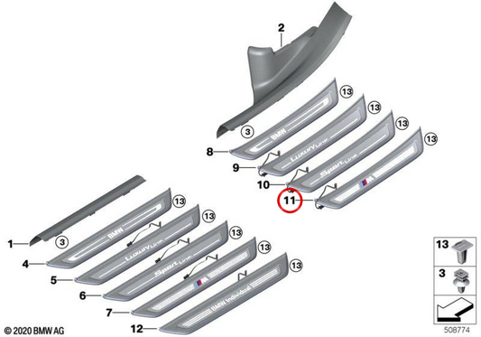Accessore l'ingresso della porta posteriore sinistra OEM 51475A0D981 per BMW G32. BMW originale.