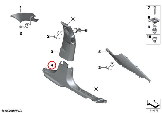 Pannello protettivo montante B inferiore sinistro OEM 51475A0FBF1 per BMW Serie 7 G70 735i, 740d, 740i, 750e xDrive... e altro ancora. BMW originale.