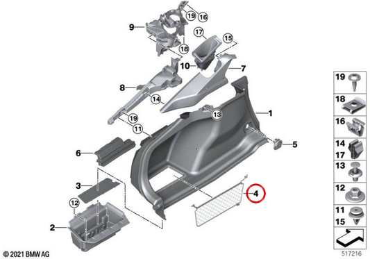 Red de almacenamiento izquierda OEM 51475A3B0F5 para BMW G26. Original BMW.