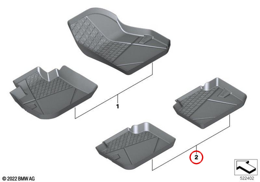 OM 51475A59C30 Pye posteriore impermeabile per BMW X1 (U11) XDrive25E, XDrive30e, IX1 EDRIVE20, XDrive30 e BMW X2 (U10) IX2 EDRIVE20, XDRIVE30. Accessorio BMW originale.