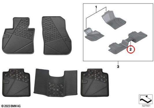 Alfombrillas de goma traseras (par) OEM 51475A62BC4 para BMW X1 U12 (iX1 eDrive20, iX1 eDrive25, iX1 xDrive30). Accesorio original BMW.