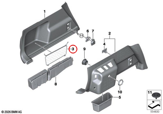 Rete di archiviazione per trunk sinistro OEM 51475A66058 per BMW E87 e U11. BMW originale.