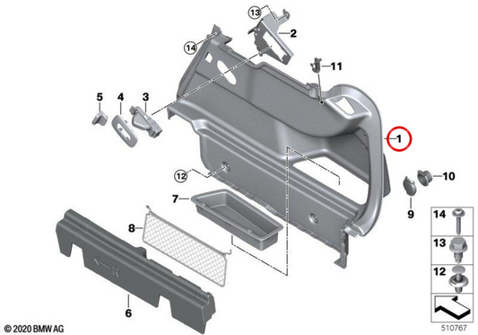Right luggage compartment side trim OEM 51475A8BD80 for BMW 2 Series Gran Coupé F44 216d, 216i, 218d, 218i… and more. Genuine BMW