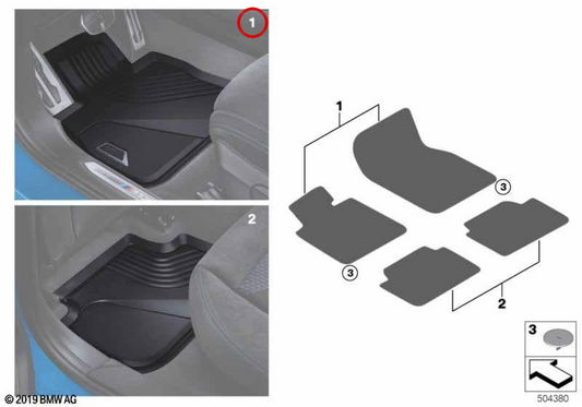 Alfombrillas de goma para todo tipo de clima OEM 51475B5B006 para BMW F40, F70, F44. Original BMW.