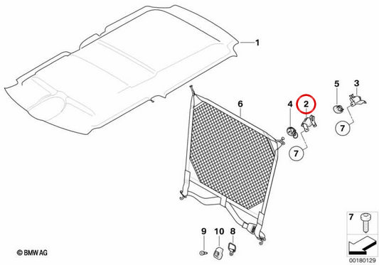 Soporte delantero izquierdo de red separadora OEM 51476952369 para MINI Clubman R55 y R55 LCI con red separadora de maletero. Original MINI