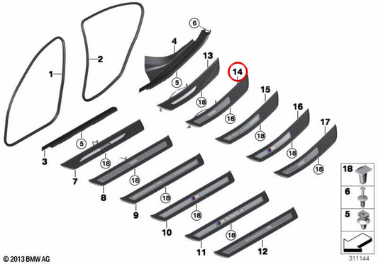 Rechts beleuchtete Hintertür OEM 51477337022 für BMW F10, F11. Original BMW.