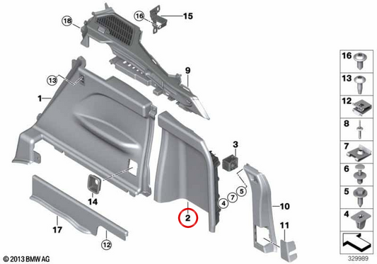 Tapa lateral maletero derecha OEM 51477377414 para BMW F15. Original BMW.