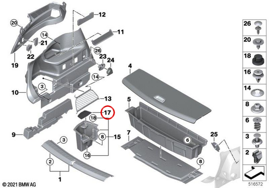 Tapete do compartimento de armazenamento esquerdo OEM 51477395077 para BMW F46. BMW genuíno.