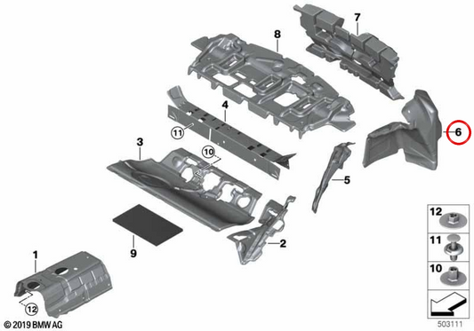 Passaggio di ruota dell'isolante acustico Sinistra Trunk OEM 51477448273 per BMW F40. BMW originale.