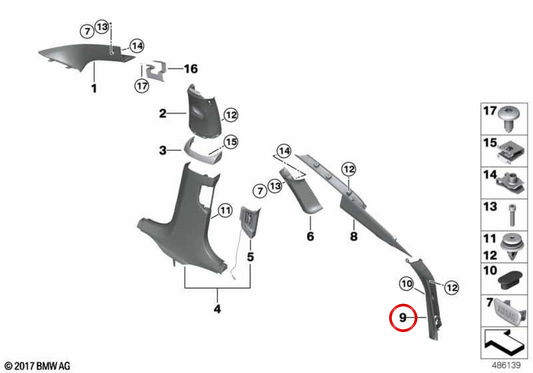 Untere rechte D-Säulenverkleidung Canberra Beige OEM 51477469618 für BMW 6er G32 GT und G32 GT LCI. Original BMW