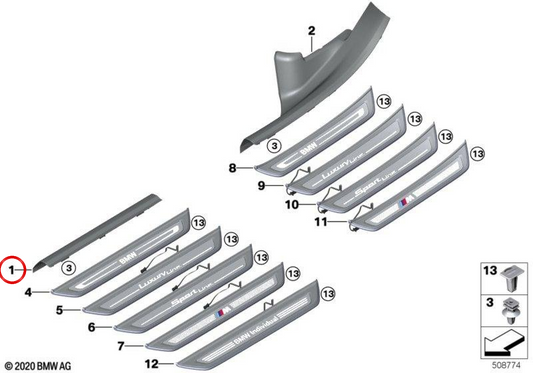 Lo stampaggio interno della soglia anteriore OEM 51477489161 per BMW G32. BMW originale.