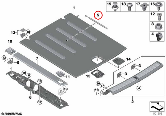 Gasschockabsorber für ein Kofferraum -Tablett OEM 51477491696 für BMW G06, F96. Original BMW.